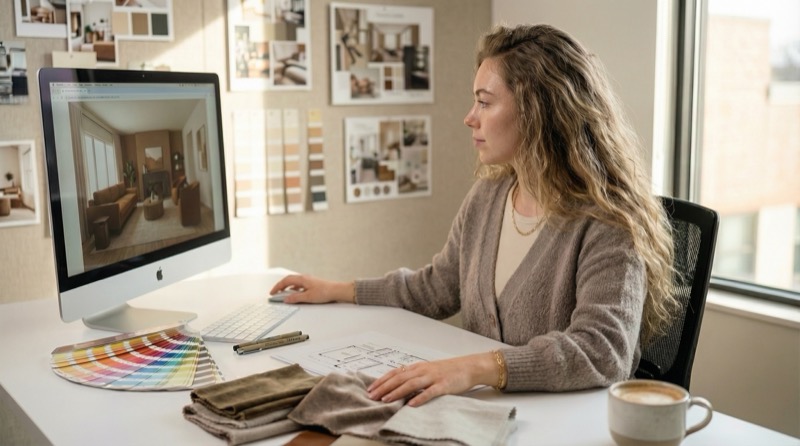Interior designer working with floor plans and fabric swatches