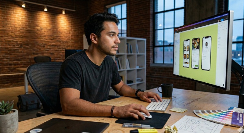 UX designer creating mobile app interfaces with color swatches