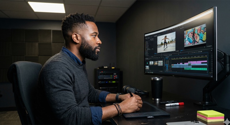 Video editor working in a professional editing suite with Wacom tablet